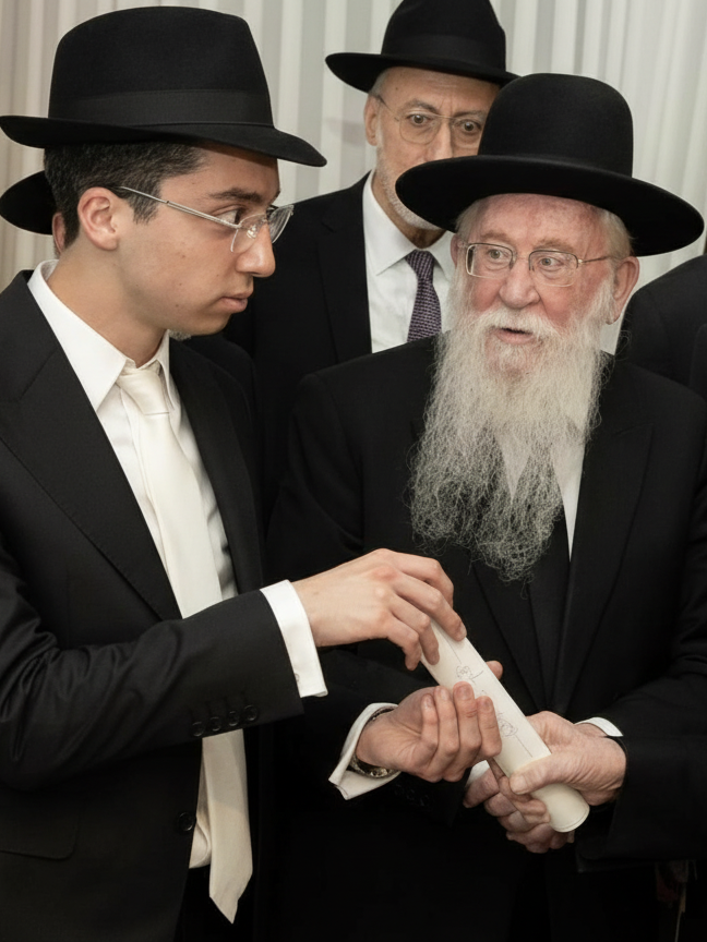 החתן בנימין ידידיה שטרית ז"ל עם ראש הישיבה הגר"י רוזן, בחתונתו