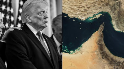 מימין מצר הורמוז בתמונת לווין, משמאל הנשיא טראמפ