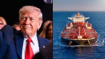 מכלית נפט מימין, הנשיא טראמפ משמאל, אילוסטרציה