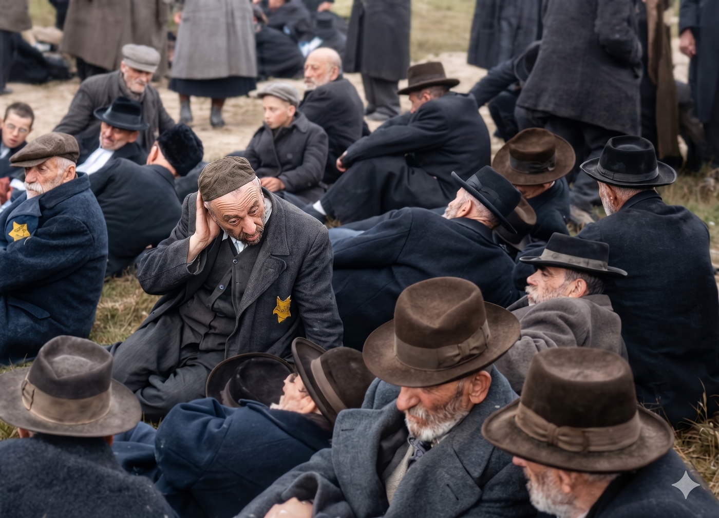 קבוצת יהודים ממרמרוש יושבת בין העצים ליד משרפה מספר ארבע, מחכים לתורם להיכנס למבנה המוות שיהפוך עבורם למלכודת