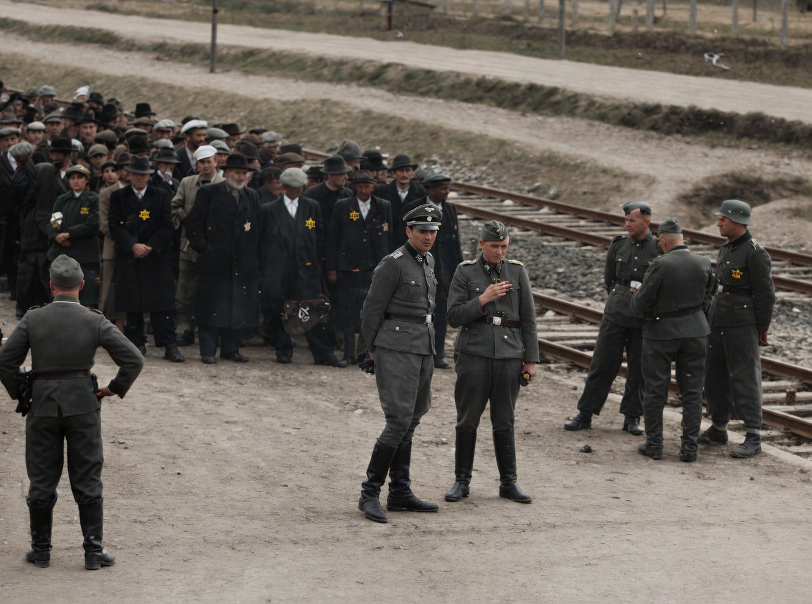 קציני אס־אס מפקחים על פינוי הקרונות, הם עומדים בפישוק רגליים ומביטים במגורשים היורדים אל הרציף באפיסת כוחות מוחלטת