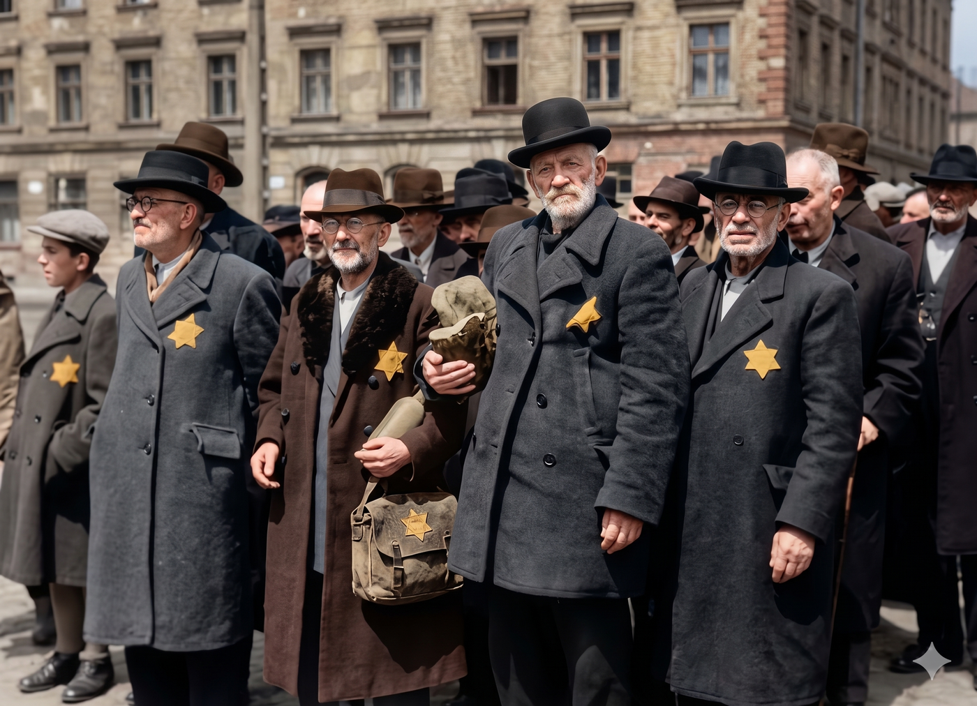 גברים עומדים בשורות של חמישה, מחכים לסיום הסלקציה של משפחותיהם, מבטם מופנה לעבר הנשים והילדים המתרחקים מהם לנצח