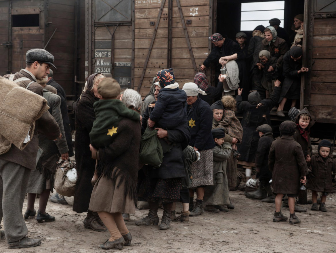 הרכבת נעצרת על רציף המוות בבירקנאו, המגורשים יורדים מהקרונות הצפופים אל המציאות האיומה שתחתיהם, מבוהלים וחסרי אונים לחלוטין