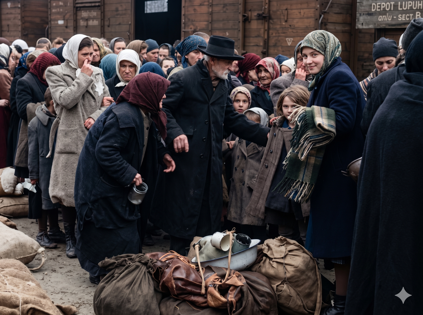 הקרונות נפתחים בטריקה, אוויר צח מתערבב בריח המוות, והיהודים נדחפים החוצה אל הלא נודע באלימות קשה וצעקות גרמניות