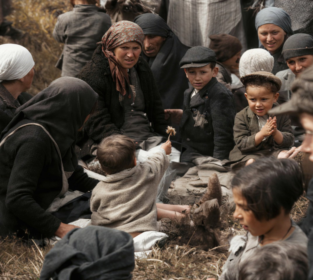 קבוצת נשים וילדים יושבת למרגלות העצים בחורשה, מבטיהם עייפים ותוהים בזמן שהם מחכים להוראות הבאות מהרוצחים הנאצים בבירקנאו