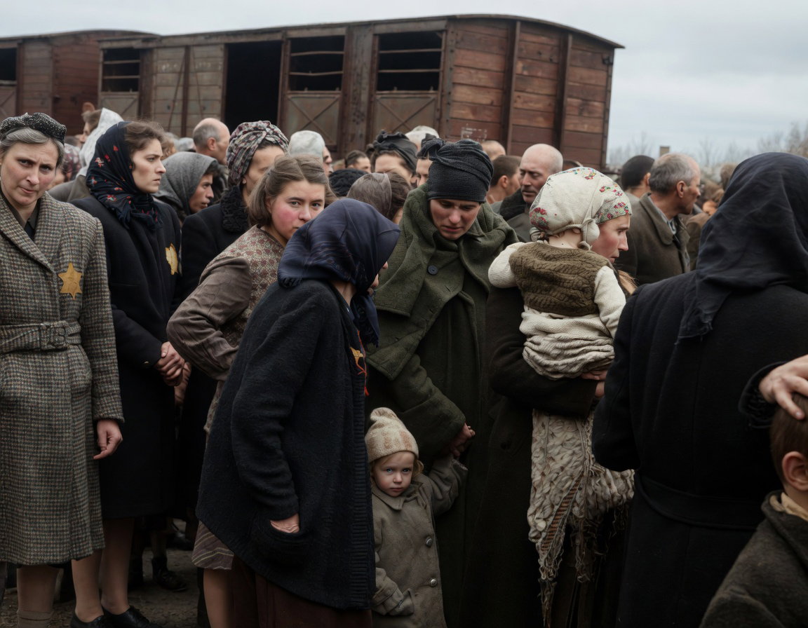 אישה צעירה מחזיקה בתינוק רך, היא מנסה להגן עליו מההמולה והצעקות, מבלי לדעת שגורל שניהם נחרץ באותו הרגע