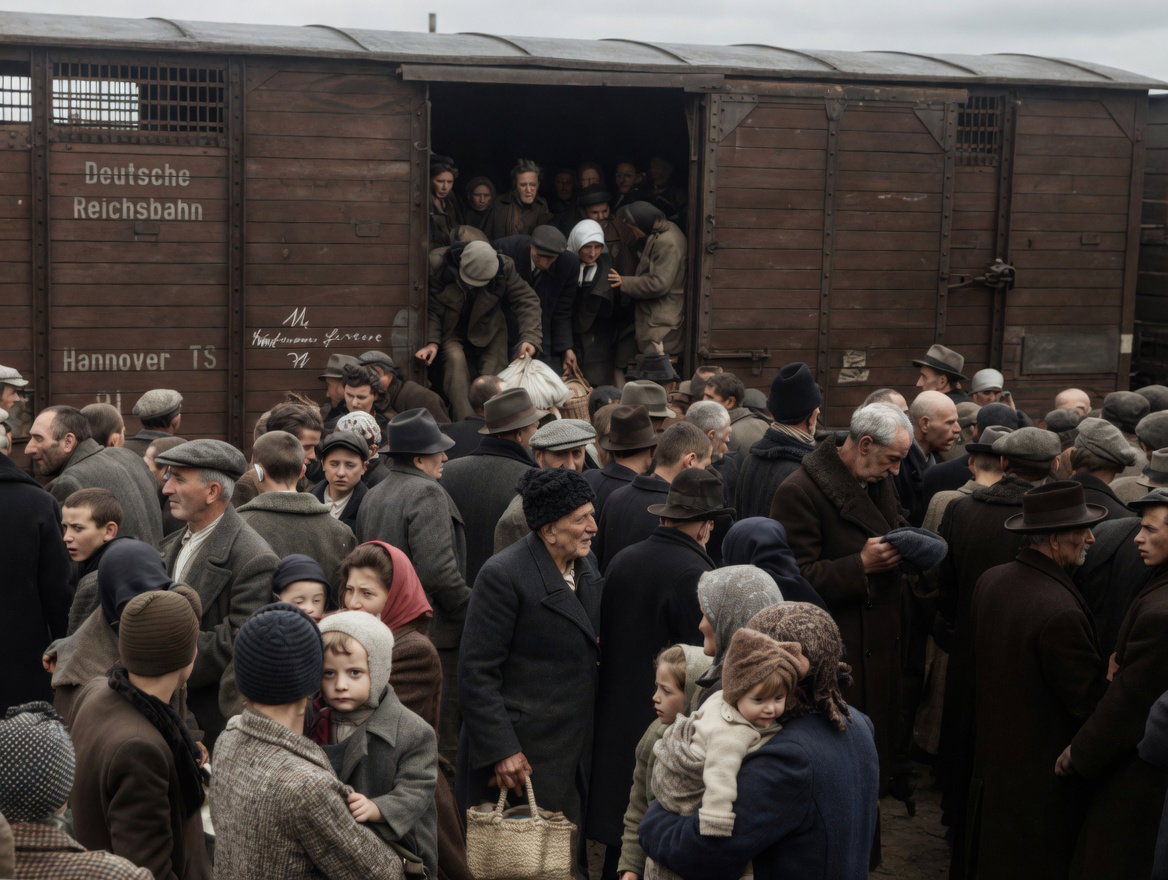 המון אדם גודש את רציף בירקנאו, תינוקות בוכים בזרועות אמותיהם ואנשי אס־אס מזרזים את הירידה בנביחות ובמכות שוט