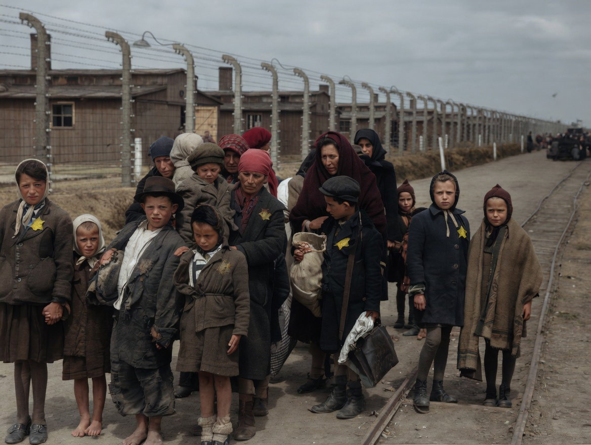 אימהות יהודיות צועדות עם ילדיהן הקטנים בין הבלוקים והגדרות החשמליות, עושות את דרכן האחרונה לעבר מתקני הרצח הנוראיים