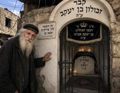 ציור דמיוני של המטאטא הקדוש רבי יוסף וולטוך משתטח בציון זבולון בן יעקב בצידון