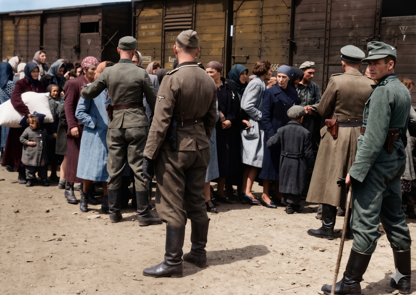 נשים וילדים יורדים מהרכבת אל האור המסנוור, מבטיהם תועים ומחפשים תשובות מהגרמנים העומדים מולם באלות עץ וכלי נשק שלופים באיום