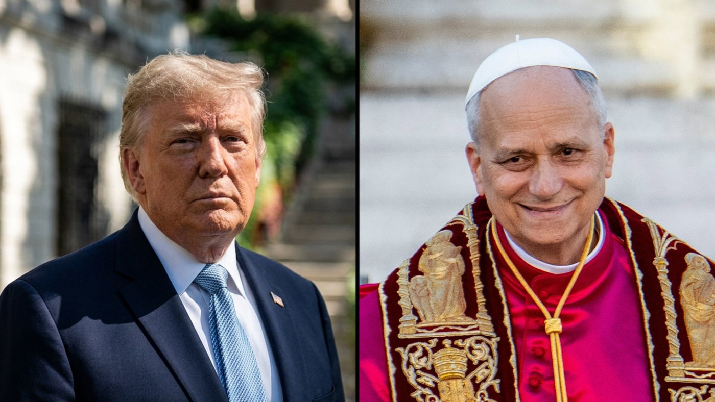 התנגשות חזיתית. האפיפיור לאו מימין, הנשיא טראמפ משמאל