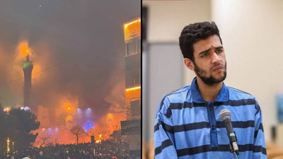 מימין אמירעלי מירג'עפרי, משמאל הצתת מסגד במהלך המחאות באיראן