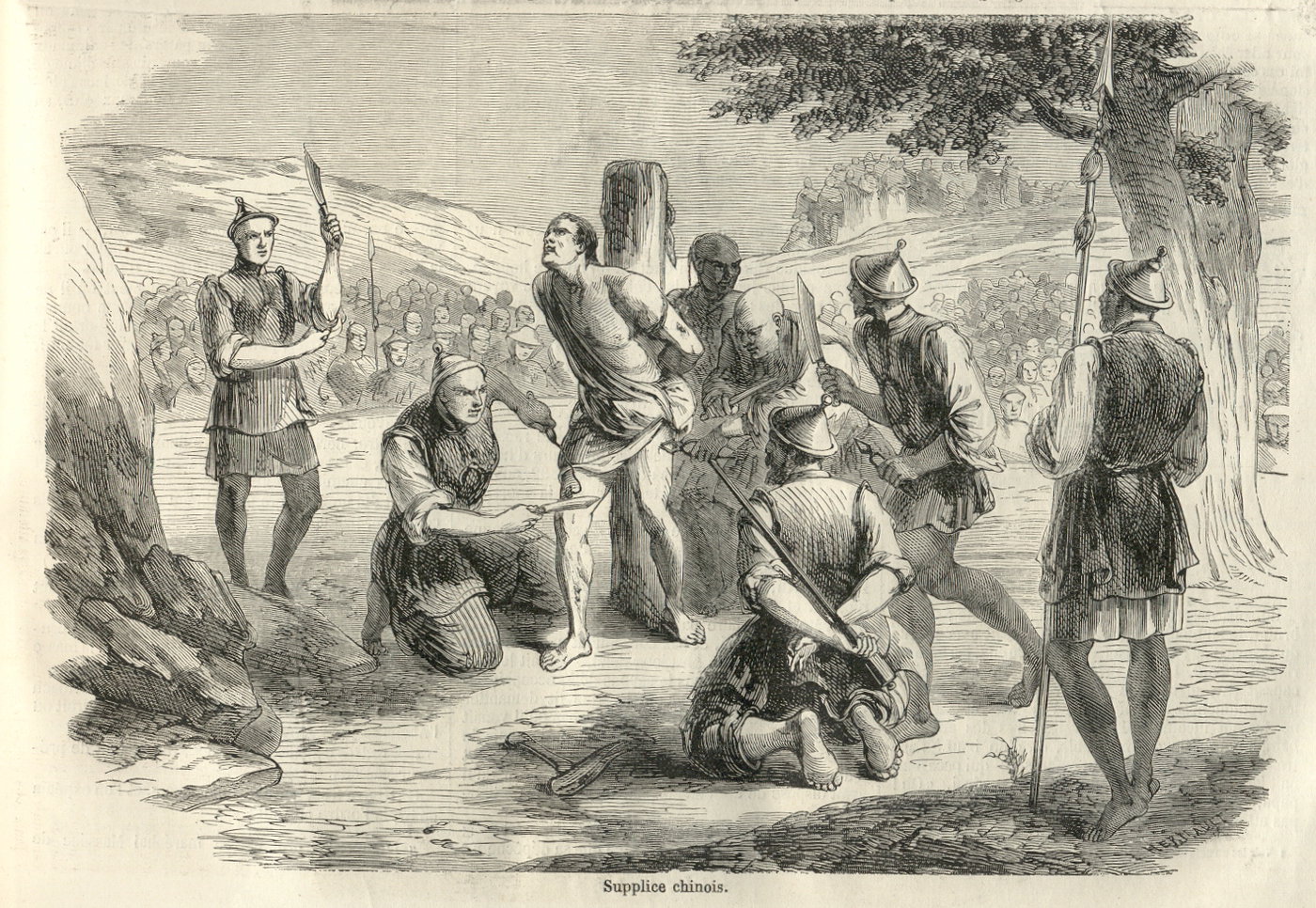 איור משנת 1858 מהעיתון הצרפתי לה מונד אילוסטר, של הוצאתו להורג בלינגצ'י של המיסיונר הצרפתי אוגוסט שאפלן בסין