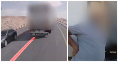 "תודה שלא הרגת מישהו": נהג משאית נתפס עוקף בקו רצוף ונעצר | צפו
