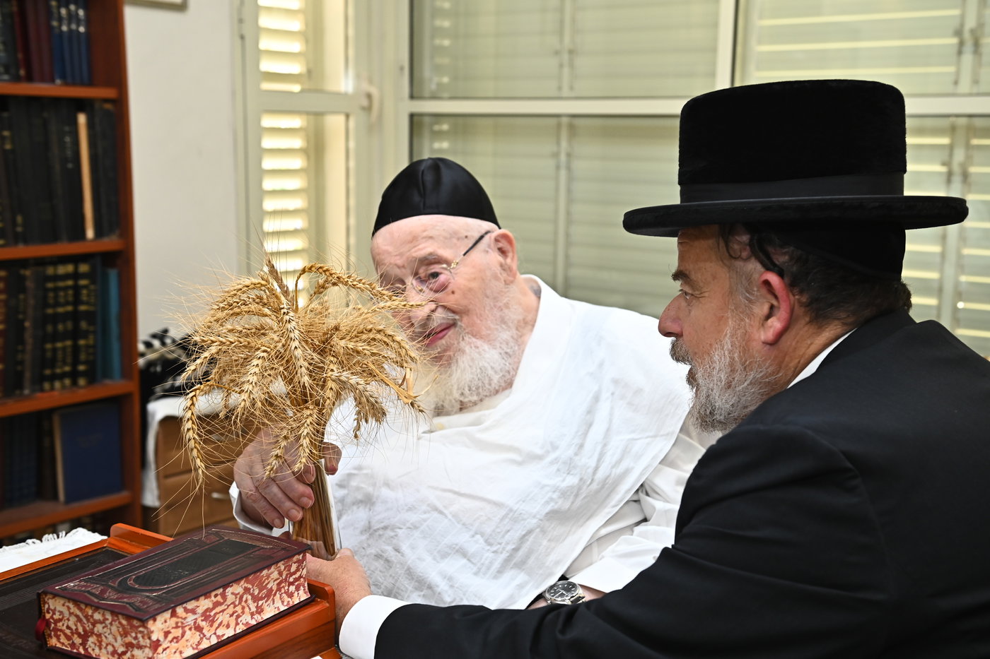 גדולי ישראל מקבלים את ראשית קצירת החיטים בערב החג