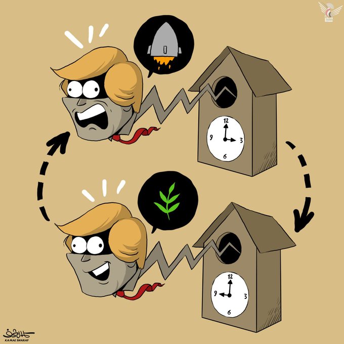 הקריקטוריסט התימני כמאל שרף מבית היוצר של החות'ים לועג לטראמפ שמשנה את דעתו כל שעה לגבי איראן