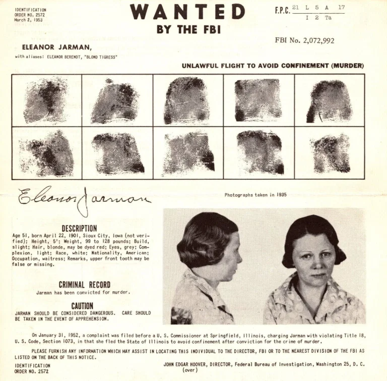 "מודעת המבוקשים של ה־FBI משנת 1953: אלינור ג'רמן, לאחר שנמלטה ממאסר ונחשבה נמלטת מסוכנת שהורשעה ברצח."