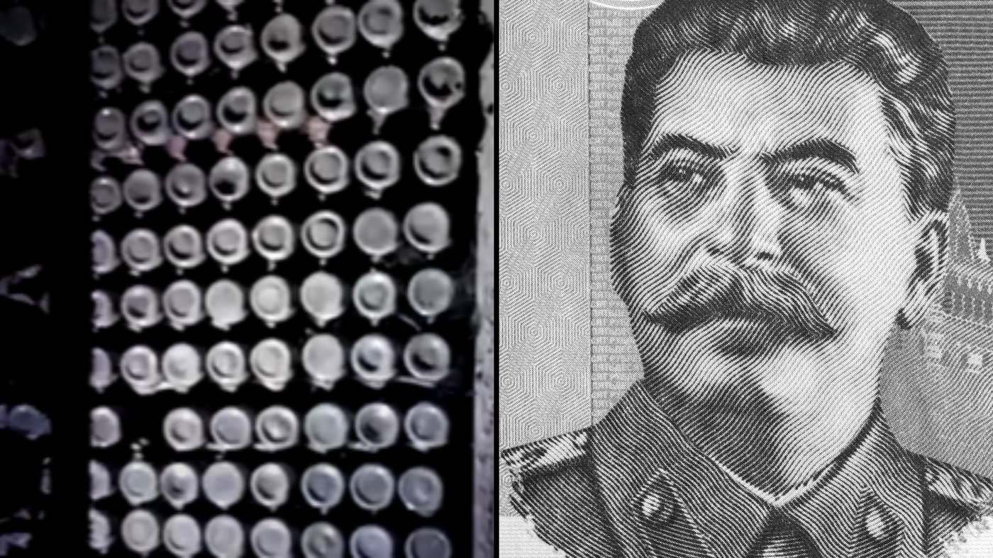 מימין ג'וזף סטלין, משמאל חלק מהיינות שהתגלו במרתף