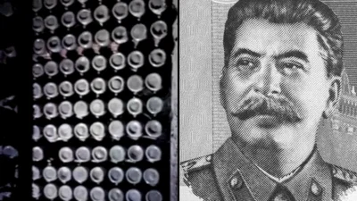 מימין ג'וזף סטלין, משמאל חלק מהיינות שהתגלו במרתף