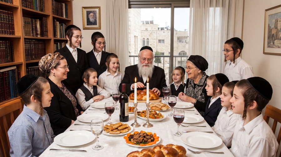 משפחה חרדית יושבת לשולחן שבת