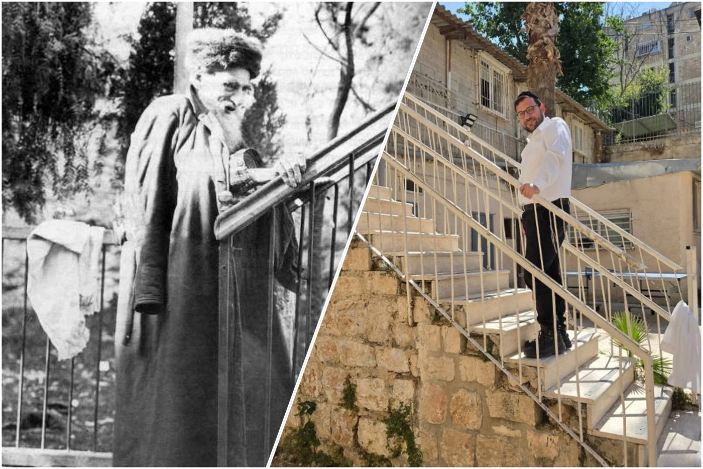 כותב השורות ישראל שפירא עולה בגרם המדרגות ההיסטורי, בו תועד הגה"צ רבי איצ'לה בלאזר זצוק"ל