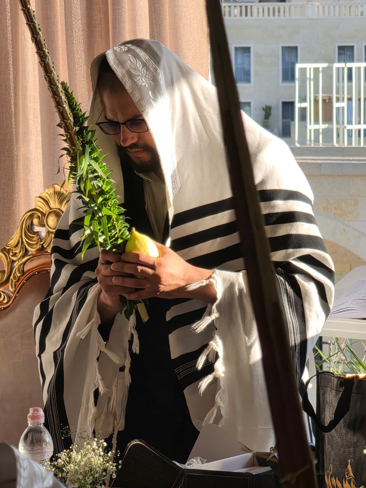 הגאון הינוקא בנענועים הבוקר בסוכתו בירושלים