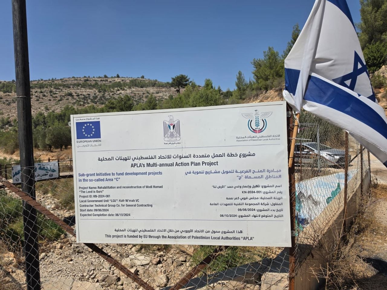 דגל ישראל על שילוט בו הודגש שהאיחוד האירופי מימן את שיפוץ המקום "מה שהישראלים מכנים שטח C"