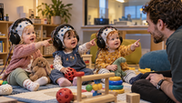 התינוק יושב על הרצפה, עסוק בכדור או בכפית, ופתאום מצביע - רגע משמעותי בתקשורת