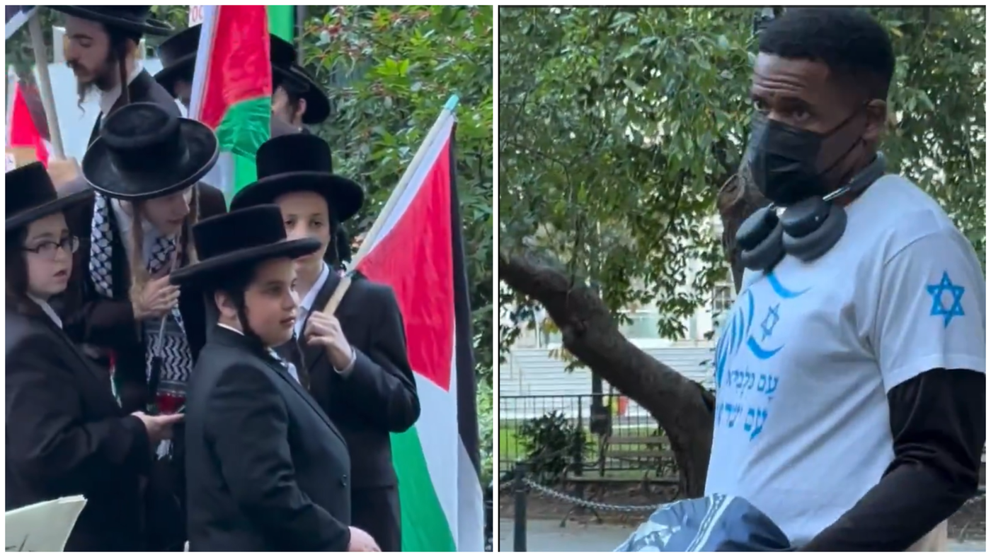 אור ליהודים: גבר שחור הפגין מול בחורי סאטמר שאחזו בדגלי פלסטין