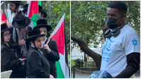 אור ליהודים: גבר שחור הפגין מול בחורי סאטמר שאחזו בדגלי פלסטין