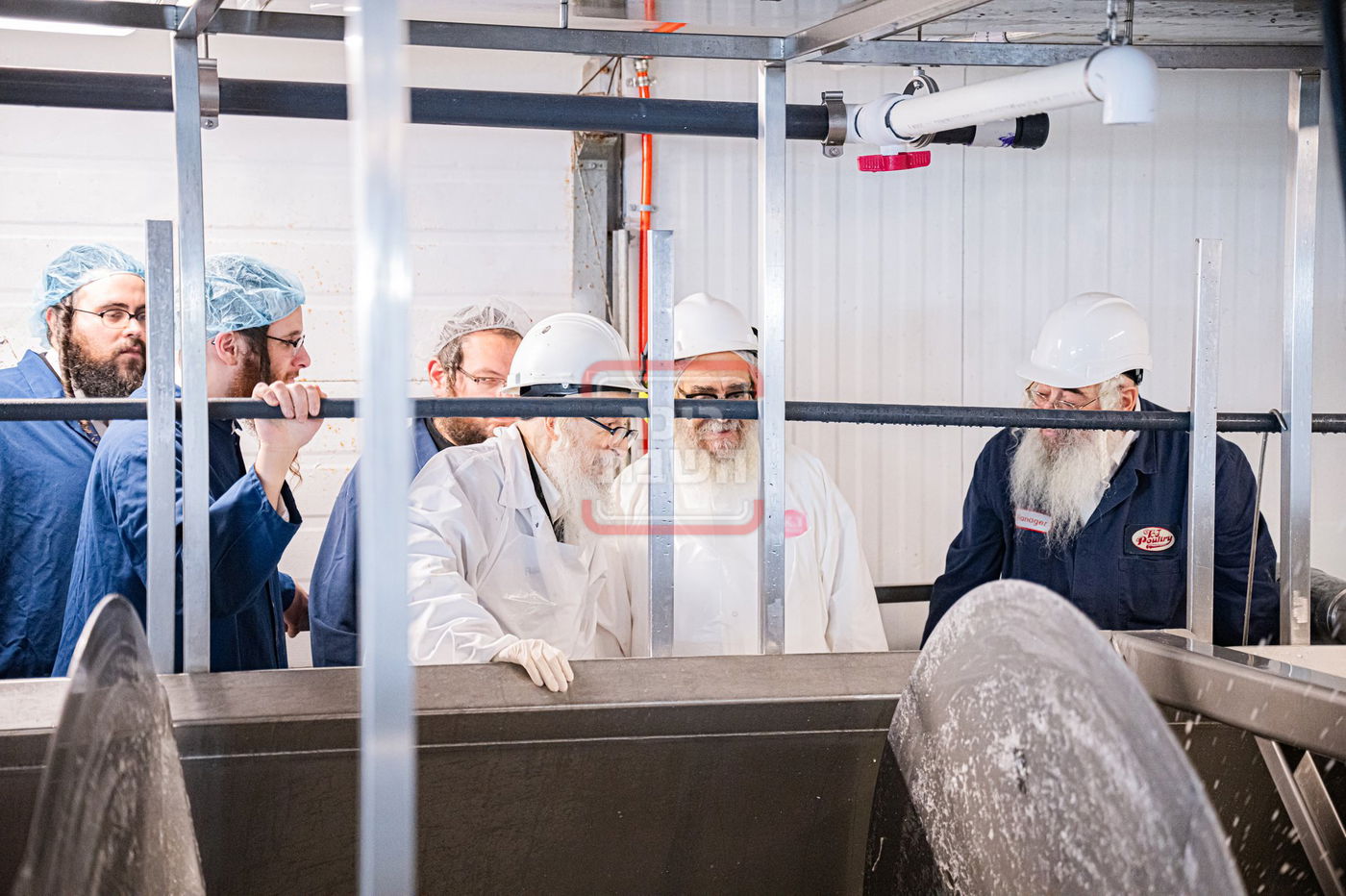 האדמו"ר מסערדאהעלי בסיור בבית השחיטה בקריית יואל עם האדמו"ר מסאטמר 