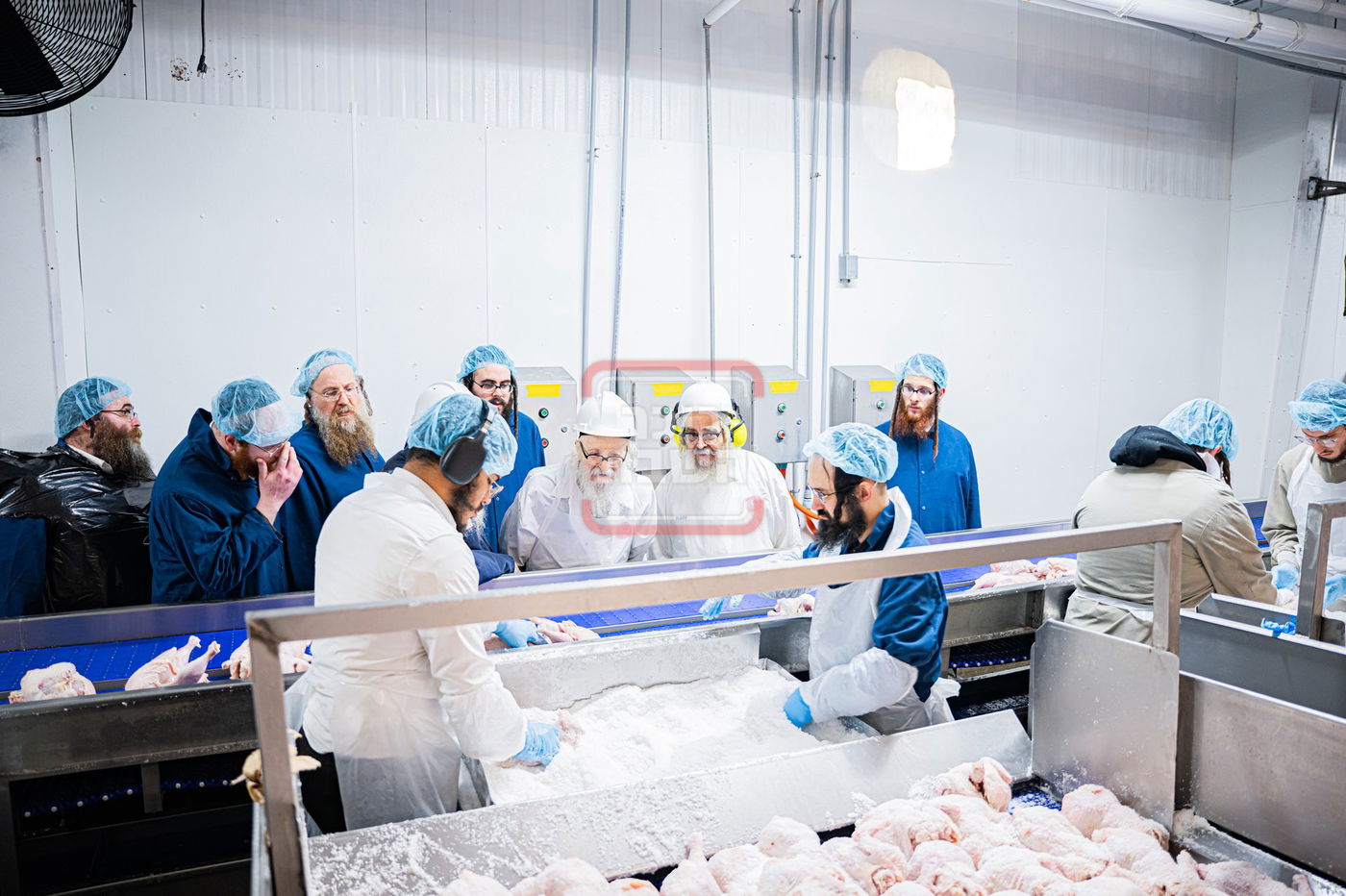 האדמו"ר מסערדאהעלי בסיור בבית השחיטה בקריית יואל עם האדמו"ר מסאטמר 