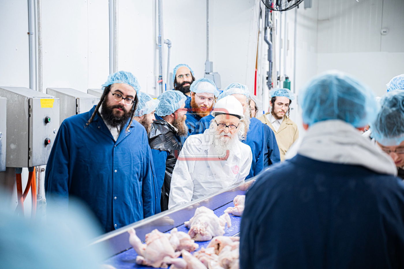 האדמו"ר מסערדאהעלי בסיור בבית השחיטה בקריית יואל עם האדמו"ר מסאטמר 