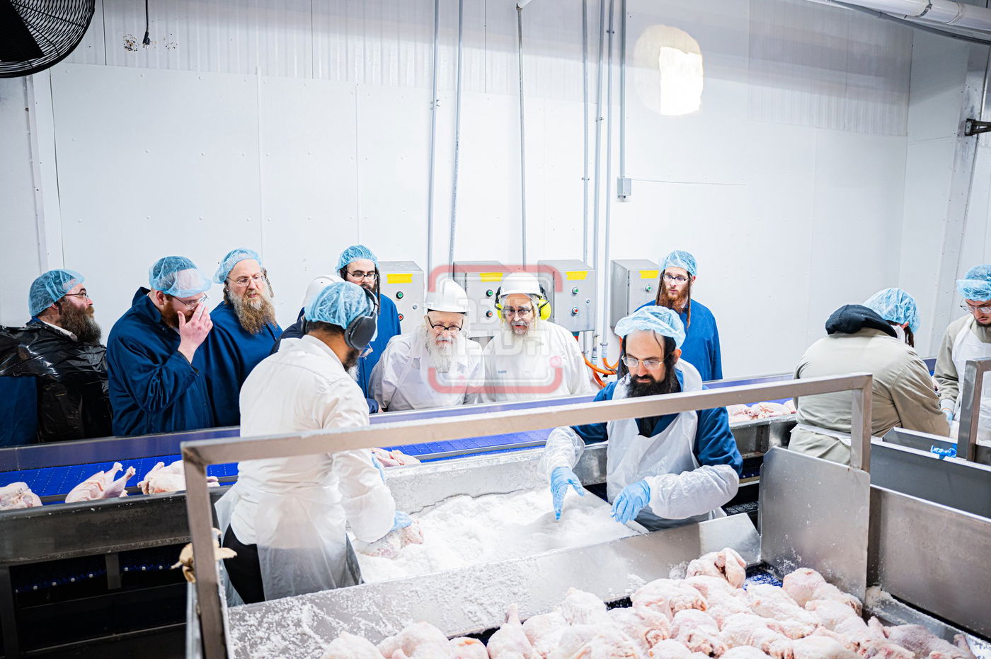 האדמו"ר מסערדאהעלי בסיור בבית השחיטה בקריית יואל עם האדמו"ר מסאטמר 