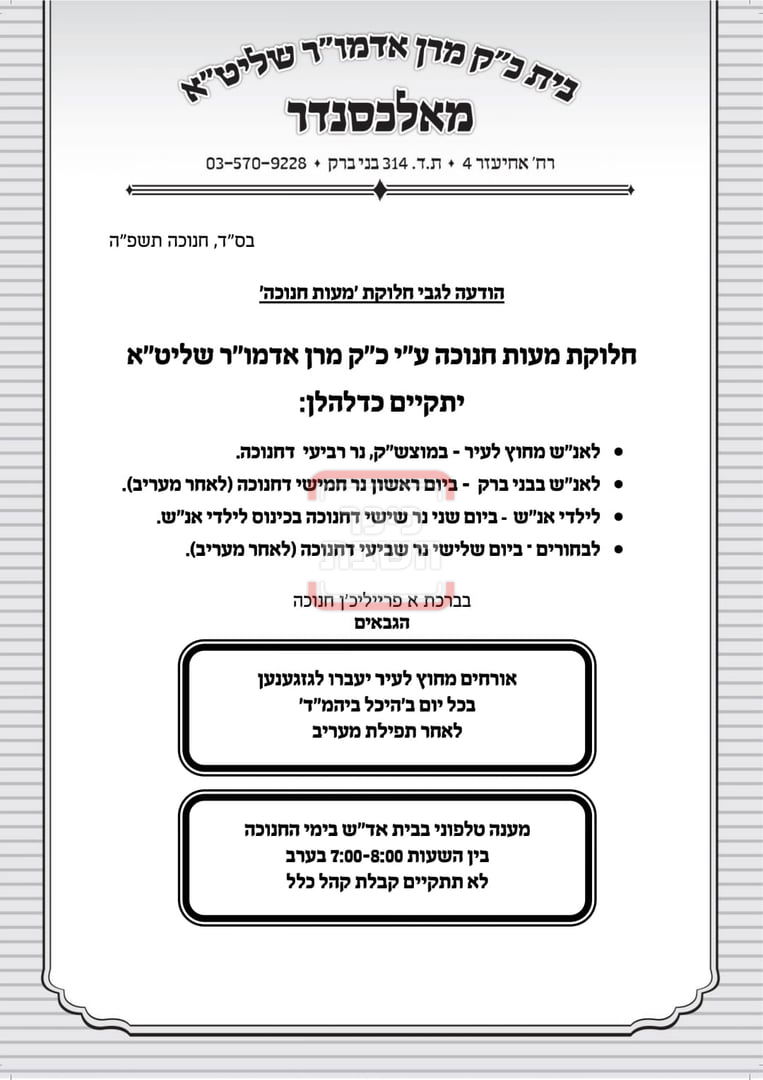 זמני הדלקת נרות חנוכה בחצה"ק אלכסנדר