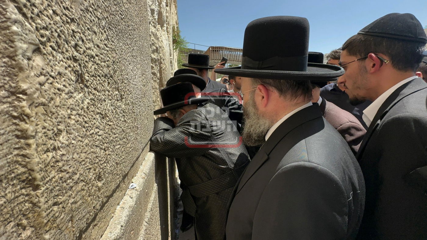 האדמו"ר מויז'ניץ בתפילה ברחבת הכותל המערבי