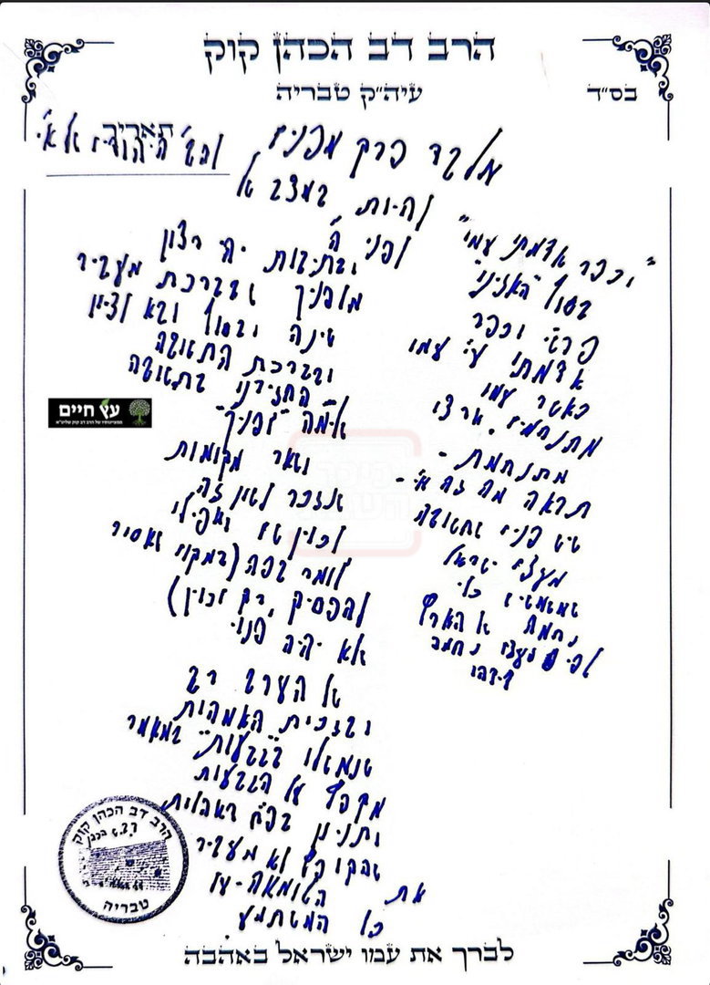 אגרת החיזוק של המקובל הגה"צ רבי דב קוק לאנשי הגבעות